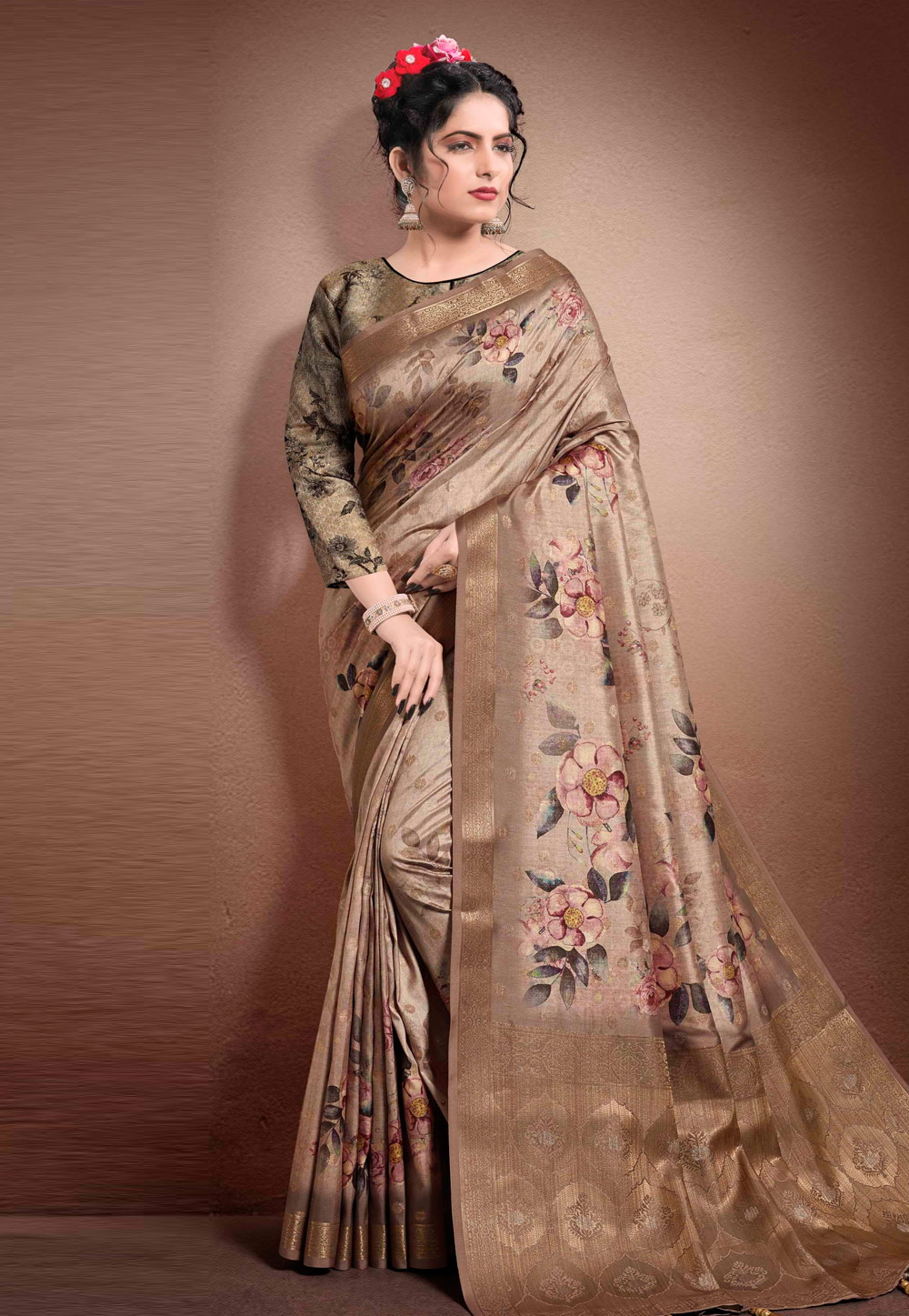 Light Brown Georgette Printed Saree With Blouse 204908