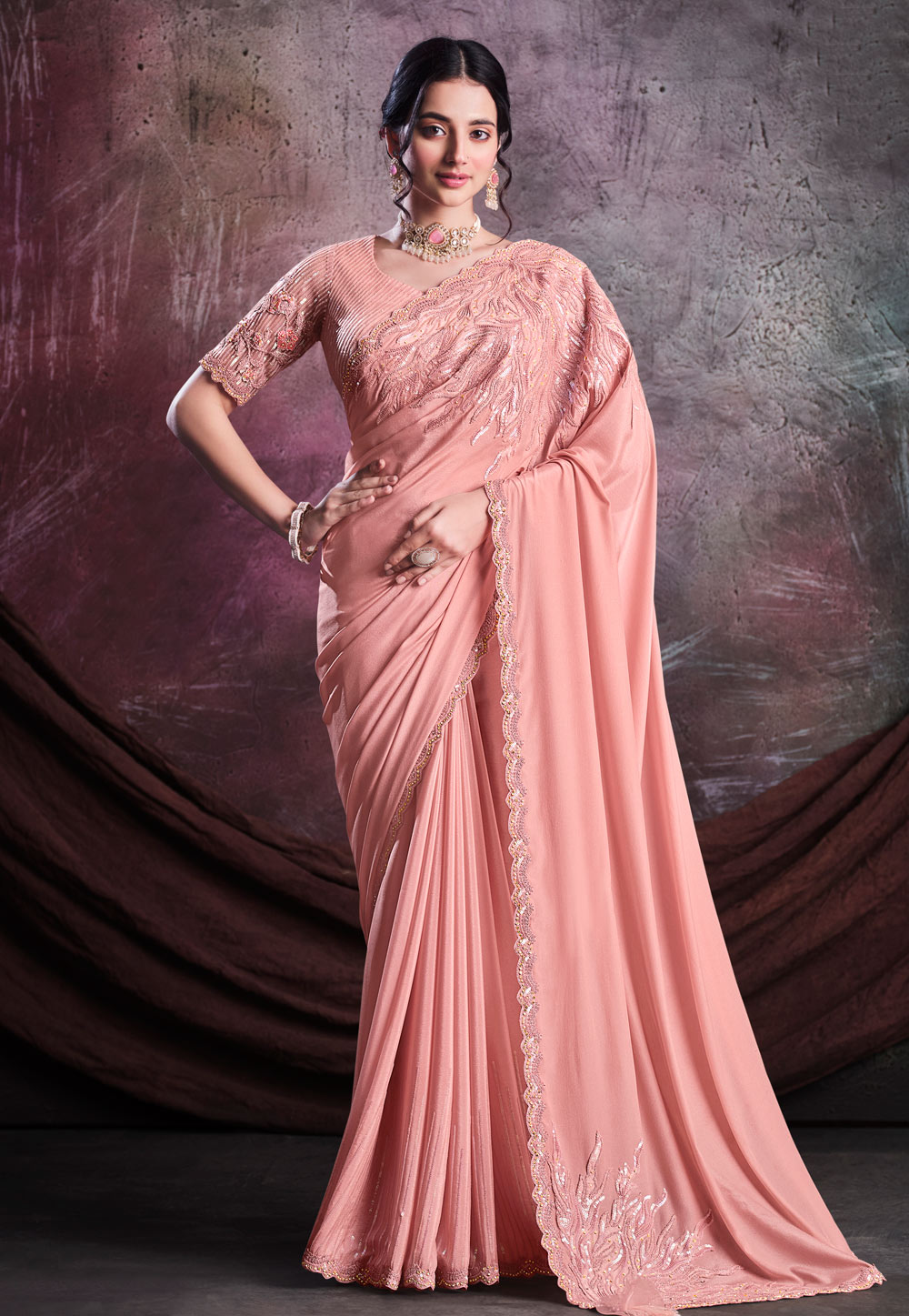 Peach Shimmer Saree With Blouse 259781