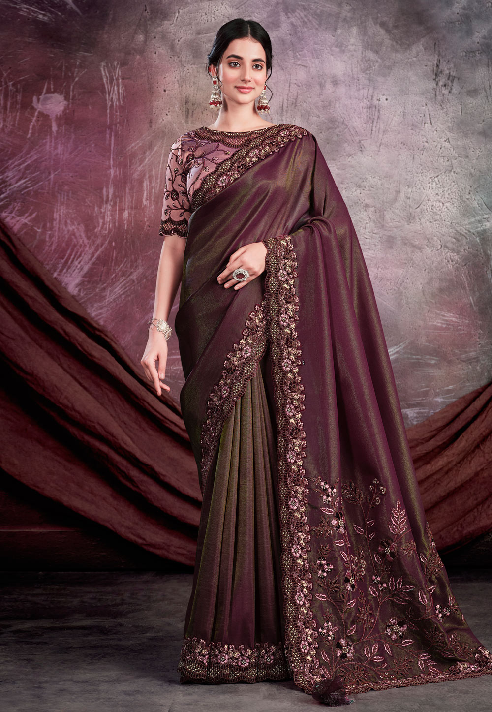 Wine Shimmer Saree With Blouse 259783