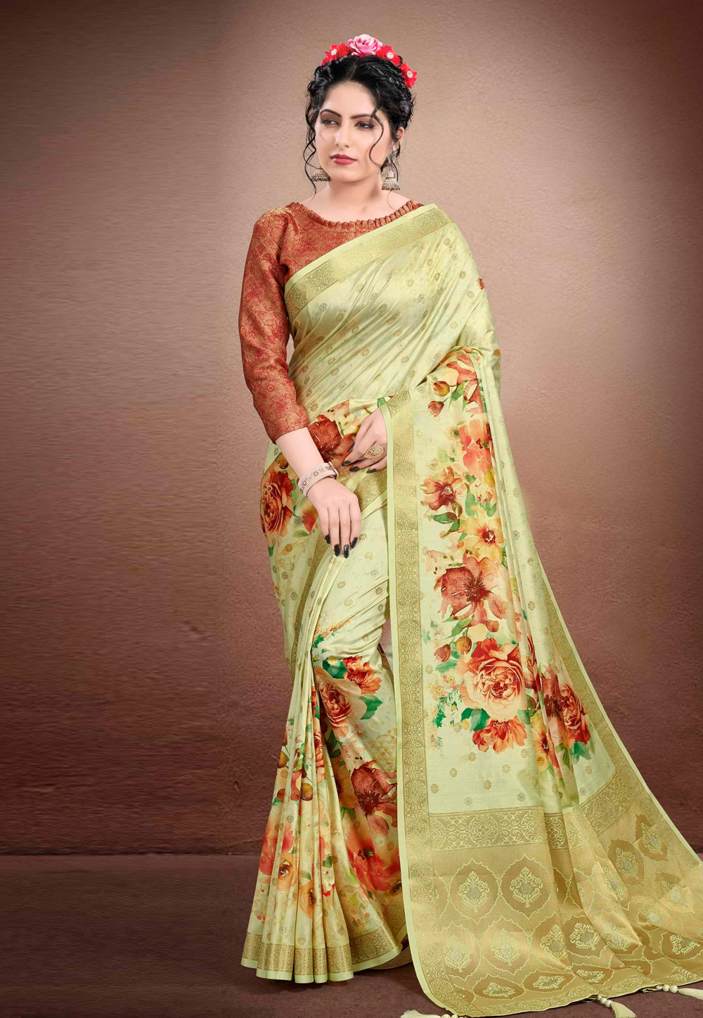 Light Green Georgette Printed Saree With Blouse 204910