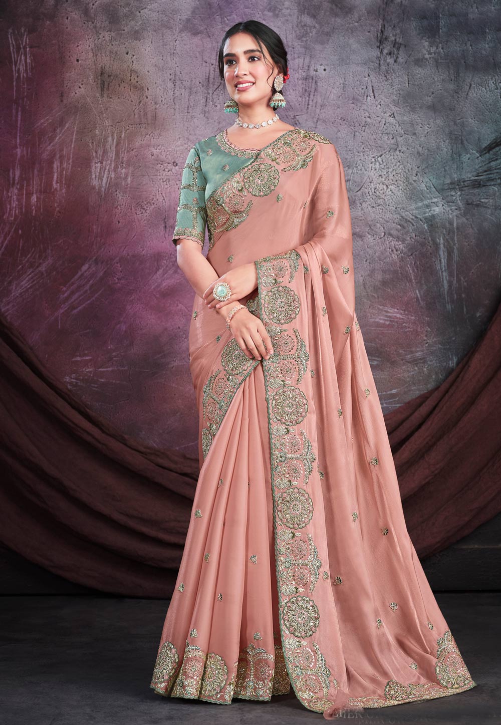 Peach Shimmer Saree With Blouse 259787
