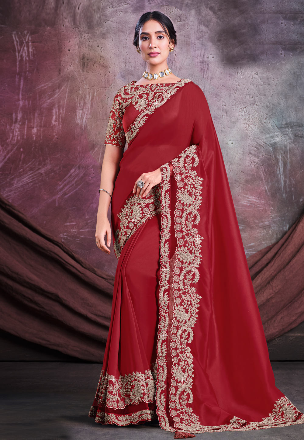 Maroon Satin Silk Saree With Blouse 259794