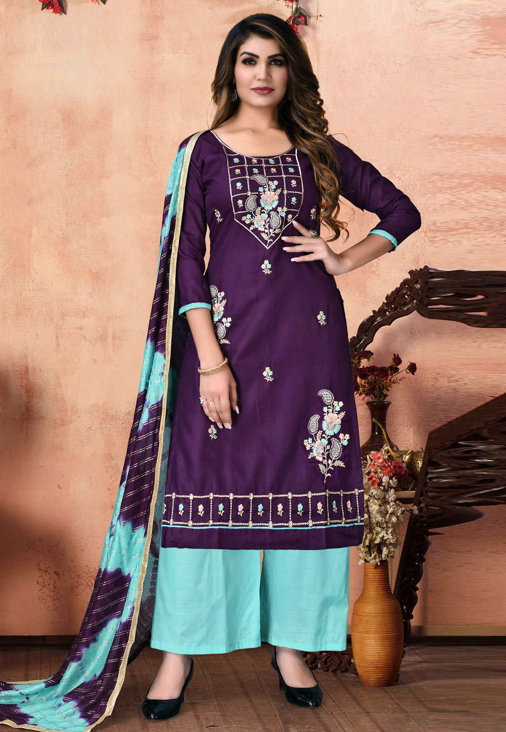 Purple Cotton Pakistani Palazzo Suit 246867