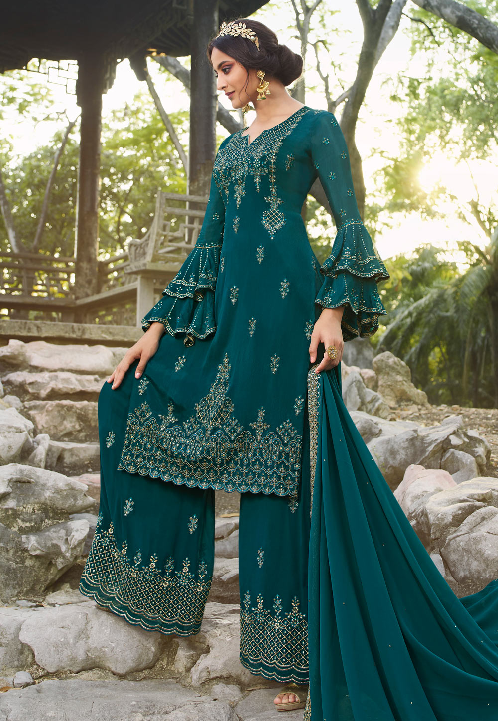 Teal Chinon Embroidered Palazzo Suit 200942