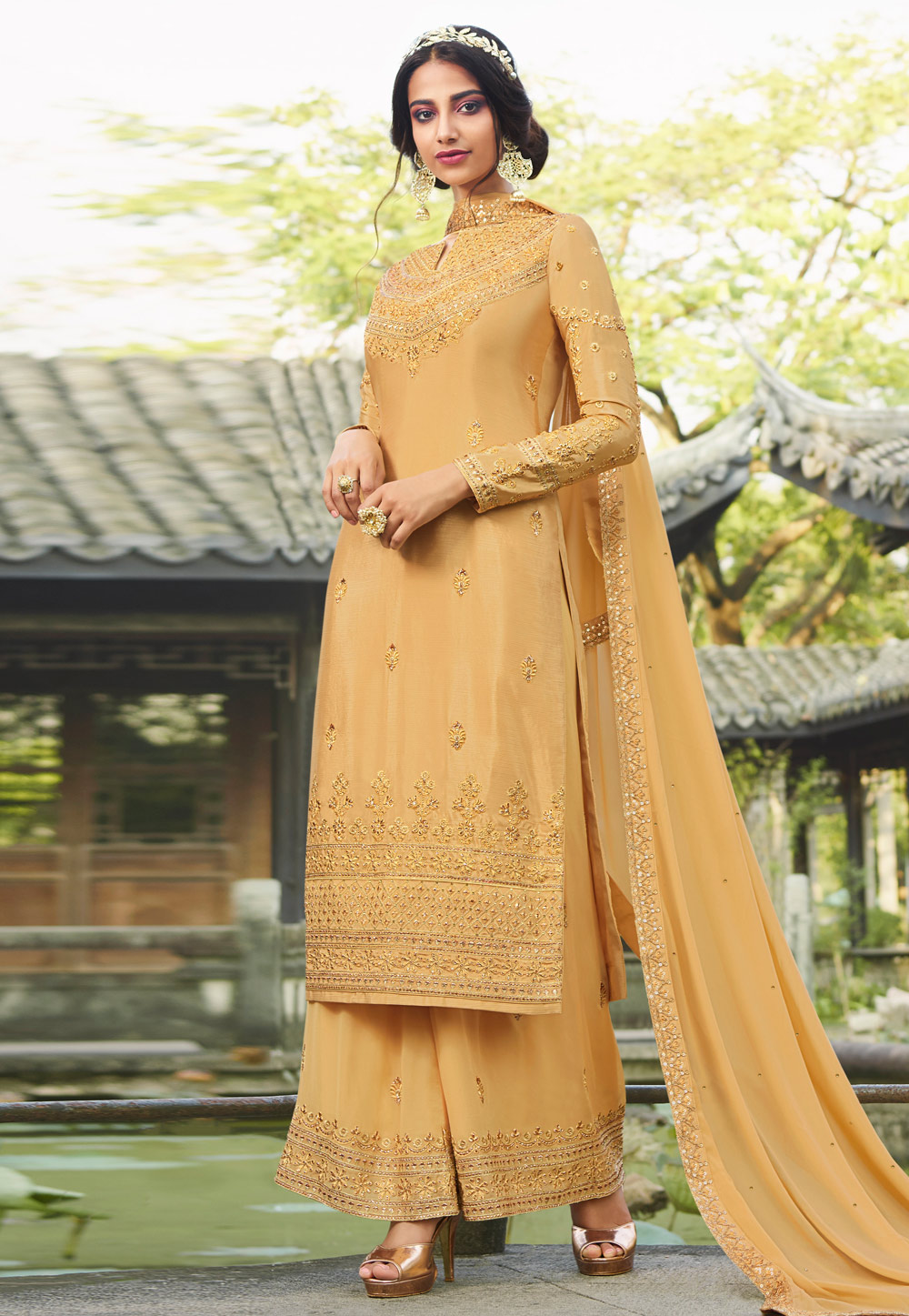 Golden Chinon Embroidered Kameez With Palazzo 200943