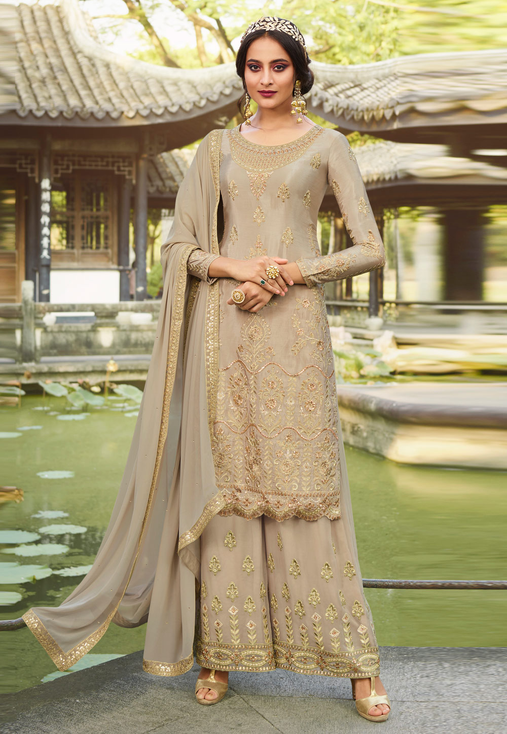 Beige Chinon Embroidered Kameez With Palazzo 200945