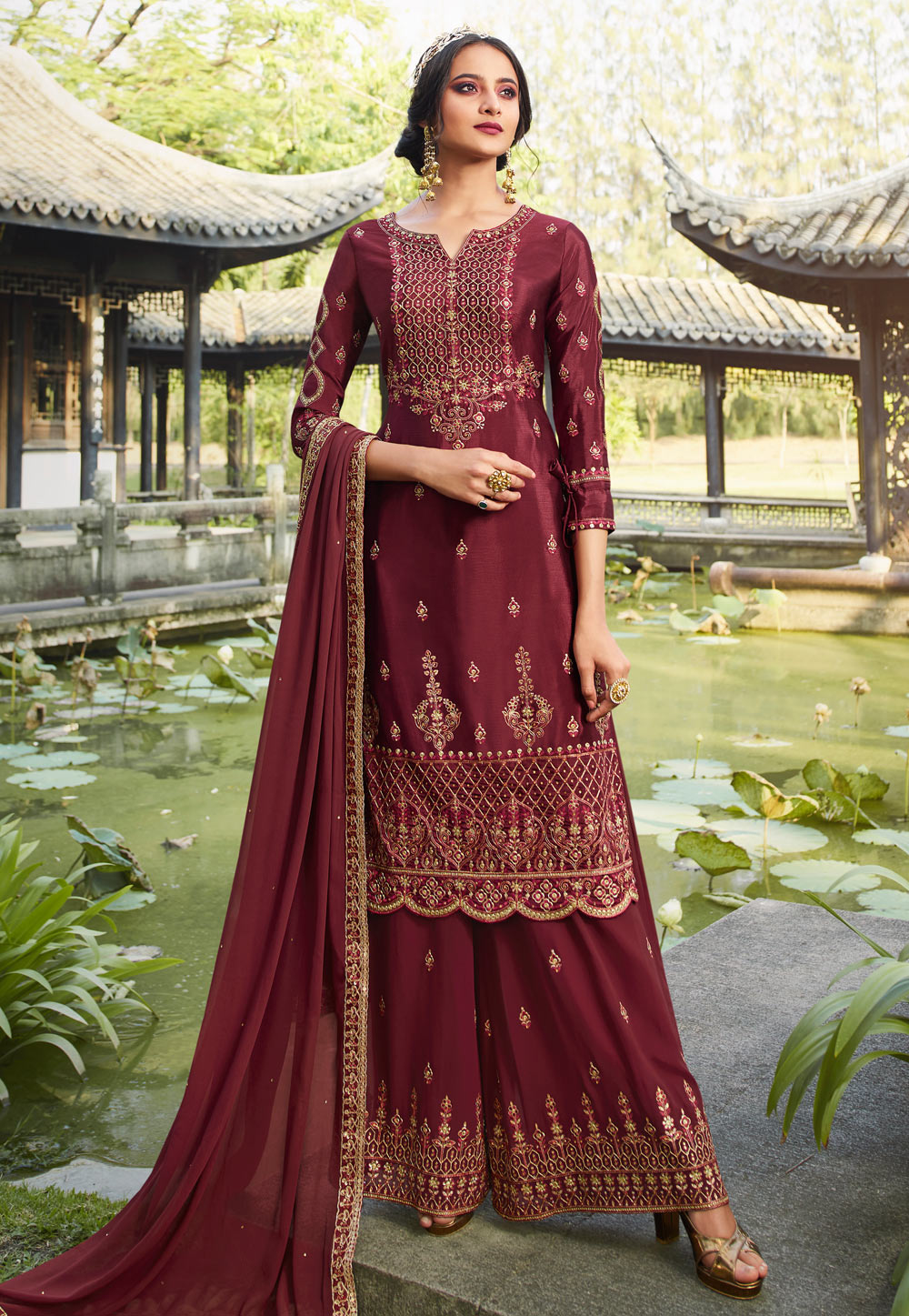 Maroon Chinon Embroidered Palazzo Suit 200946