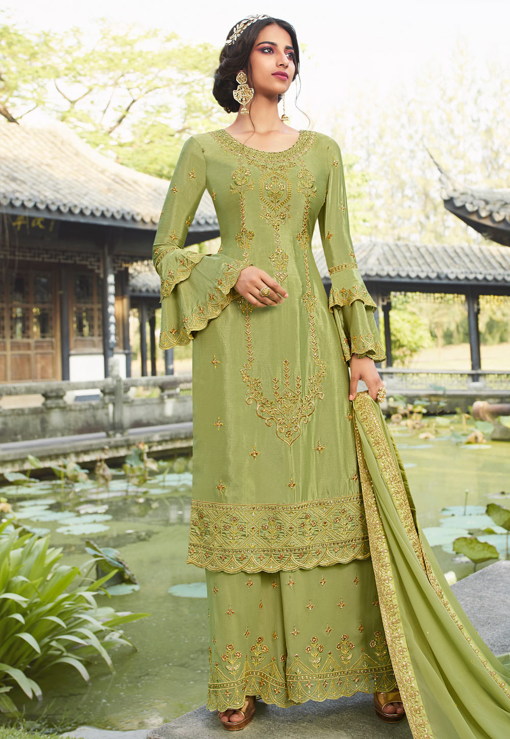 Light Green Chinon Embroidered Kameez With Palazzo 200947