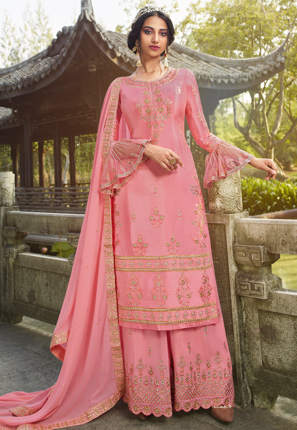Pink Chinon Embroidered Palazzo Suit 200948