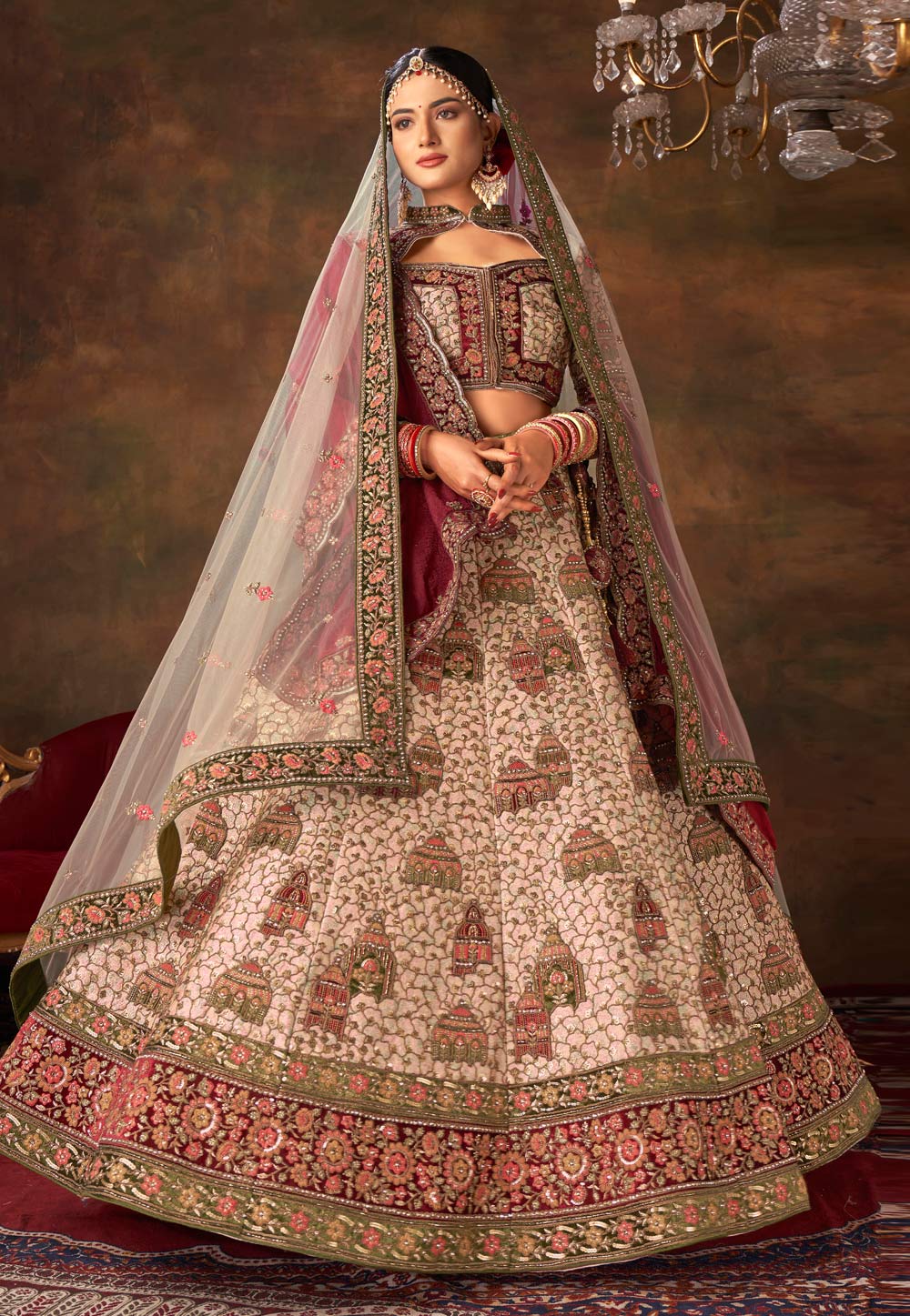 Beautiful Designer Pink Pearl Work Net Bridesmaid Lehenga Choli