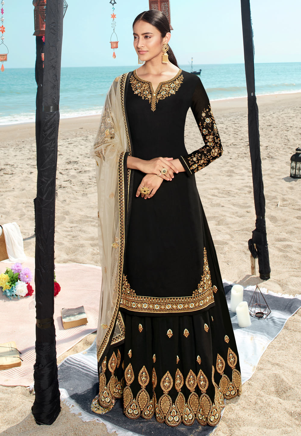 Black Faux Georgette Embroidered Kameez With Palazzo 205699