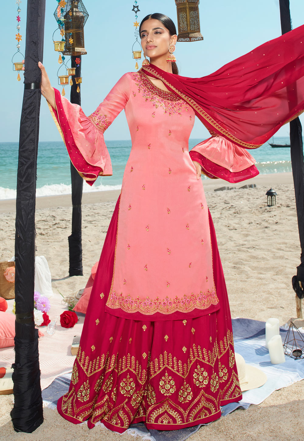 Light Pink Satin Embroidered Palazzo Suit 205700