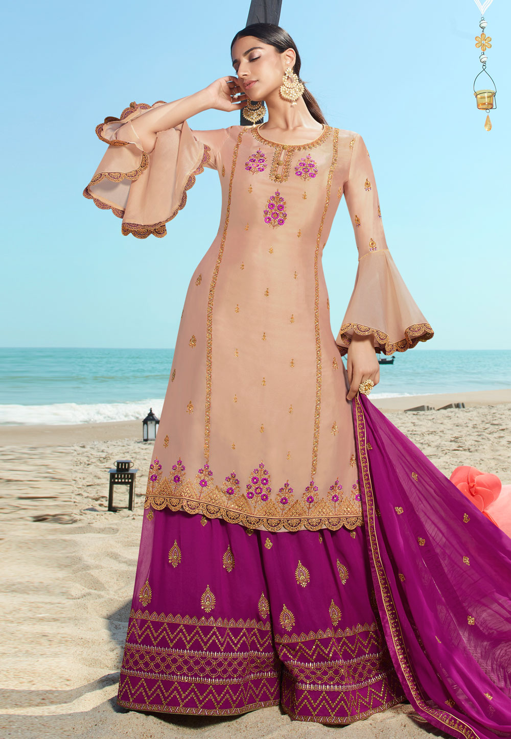 Beige Satin Embroidered Kameez With Palazzo 205701