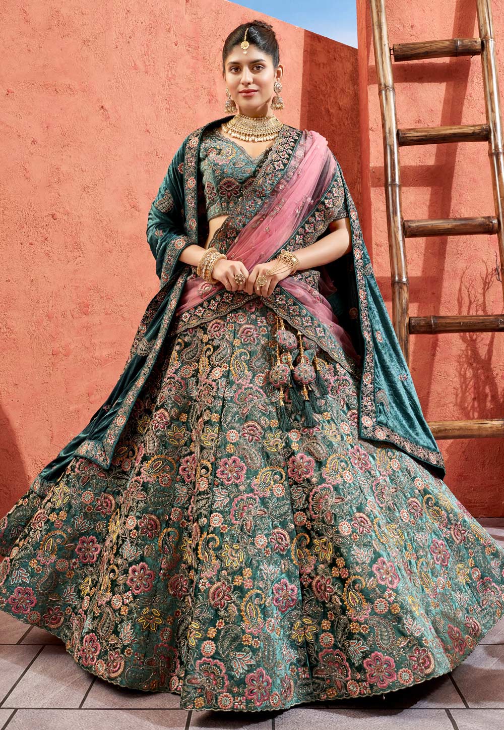 Green Velvet Bridal Lehenga Choli 277225