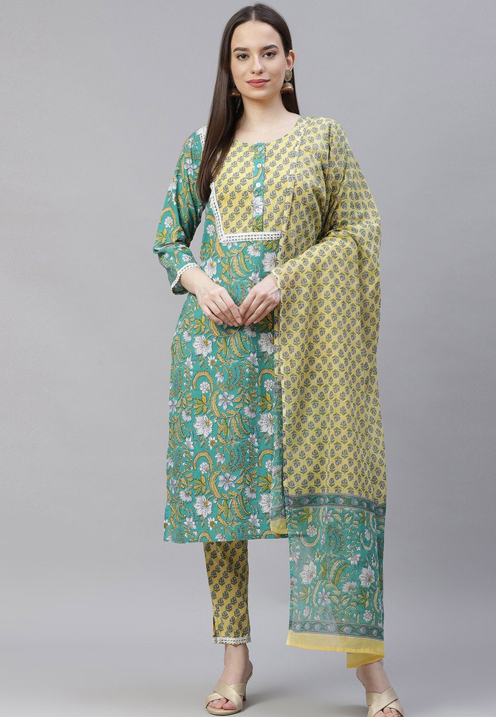 Sea Green Pure Cotton Pant Style Suit 232765