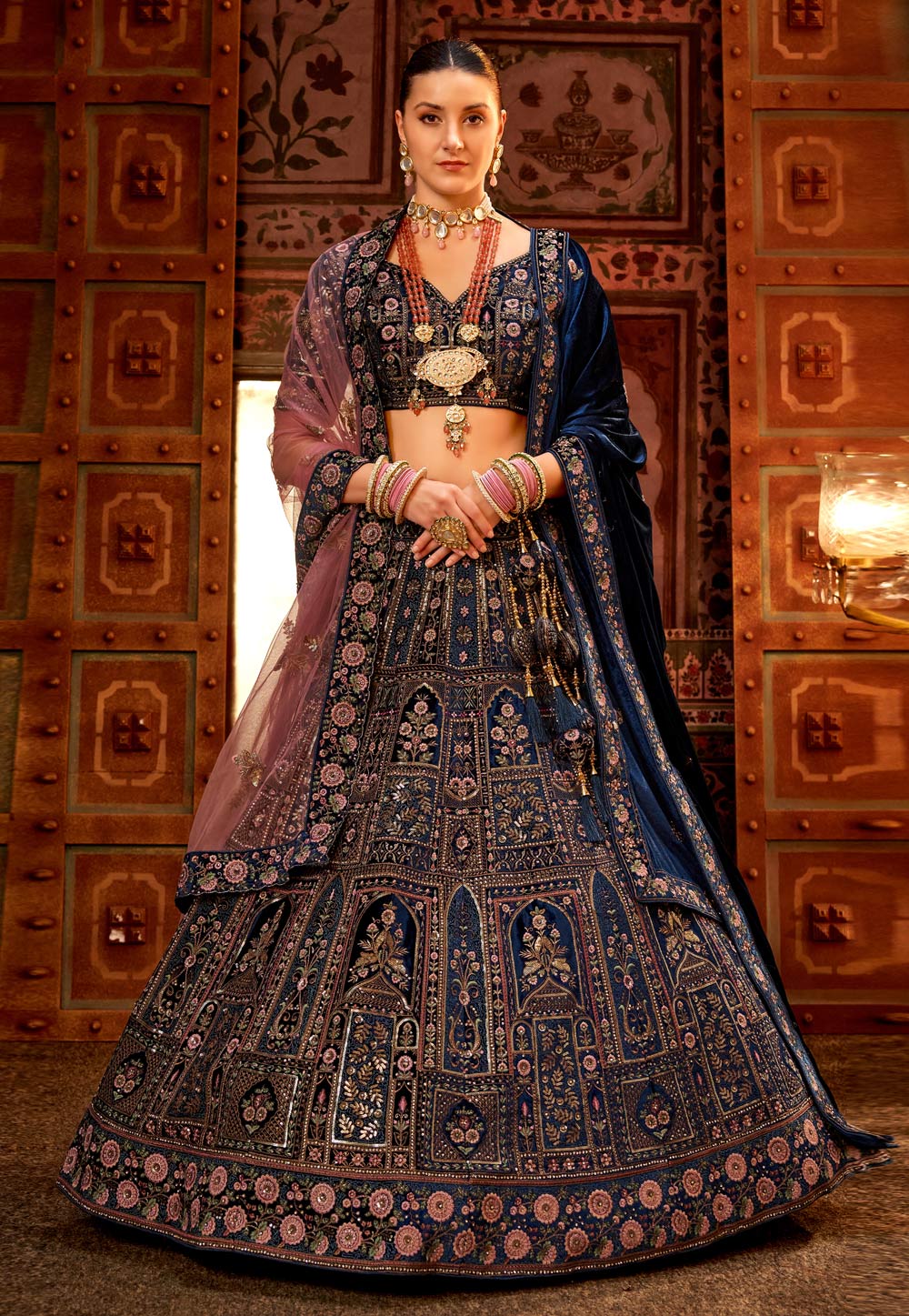 Navy Blue Velvet Bridal Lehenga Choli 277345