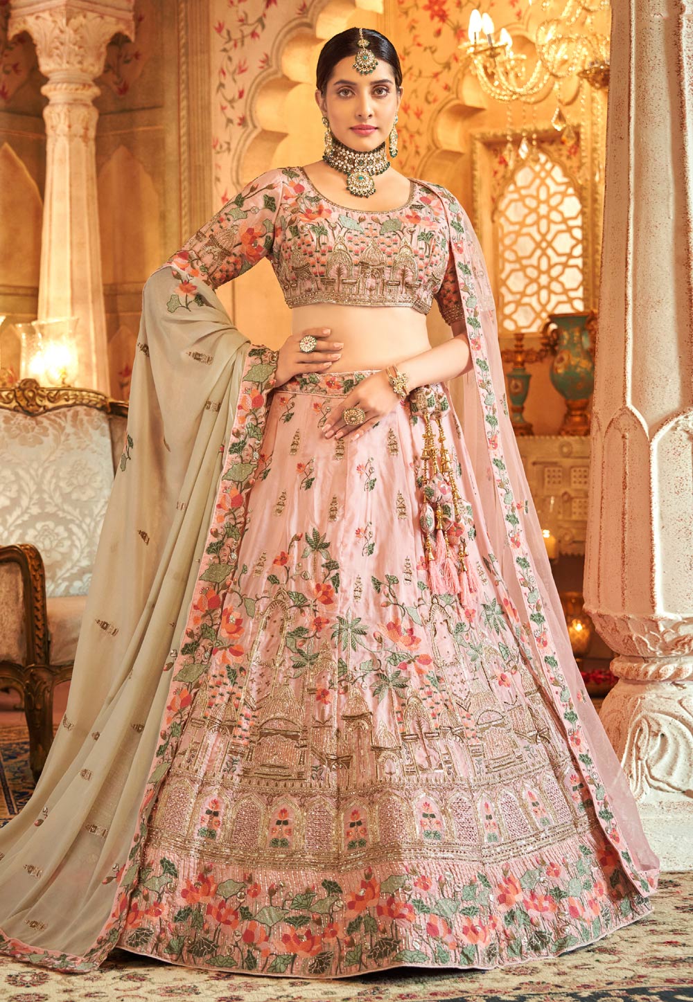 Buy Peach Embroidered Taffeta Silk Bridal Wear Lehenga Choli Online from  EthnicPlus for ₹5449
