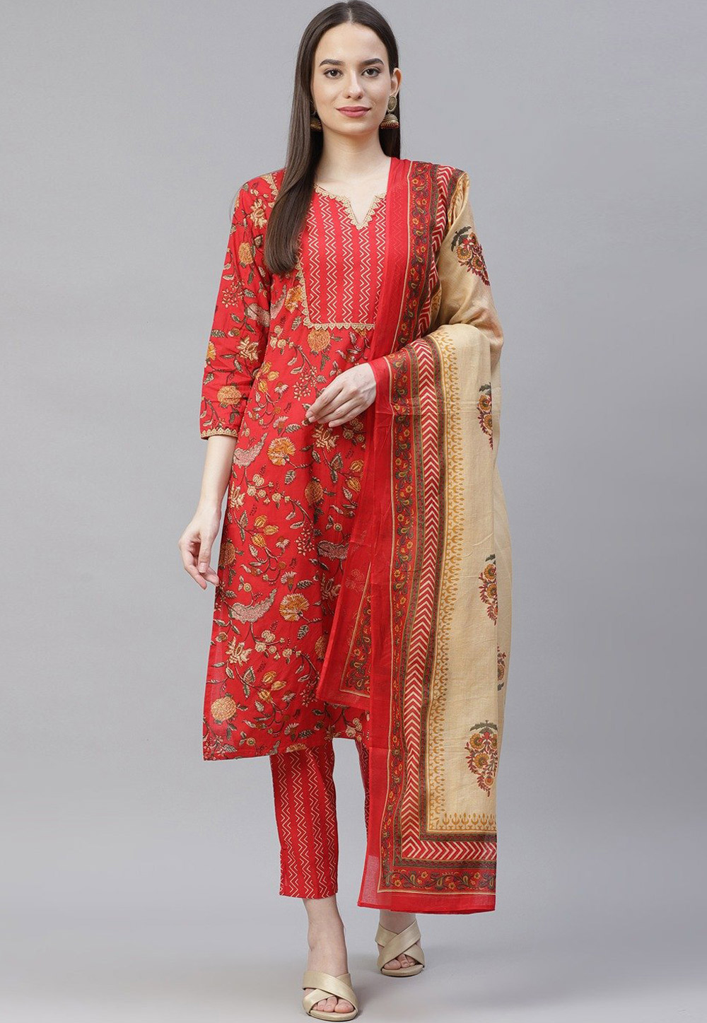 Red Pure Cotton Pant Style Suit 232767