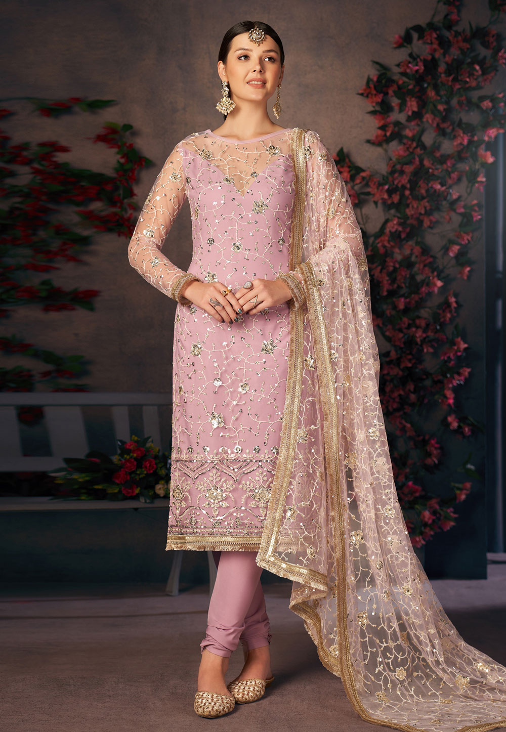 Pink Net Churidar Salwar Suit 244787