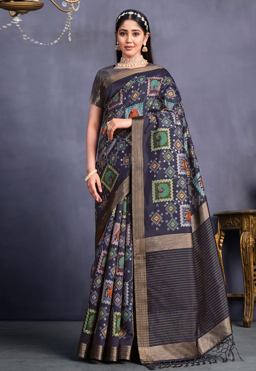 Navy Blue Tussar Silk Saree With Blouse 261630