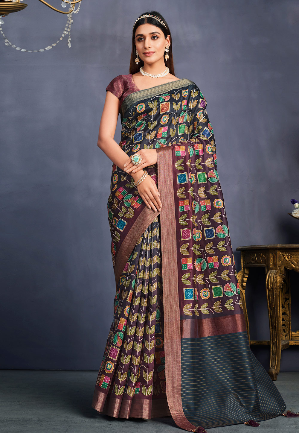 Navy Blue Tussar Silk Saree With Blouse 261633