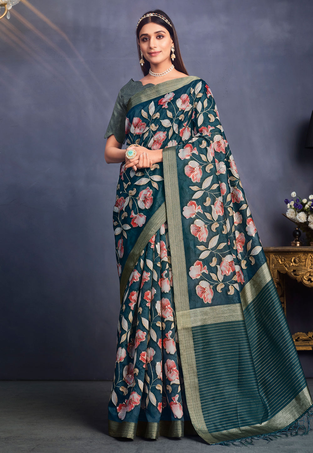 Teal Tussar Silk Saree With Blouse 261634