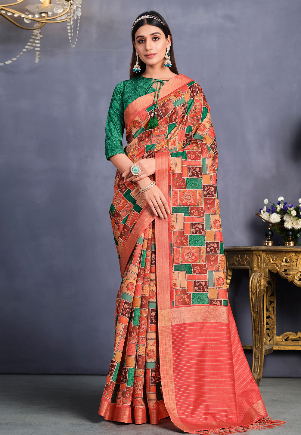 Peach Tussar Silk Saree With Blouse 261635