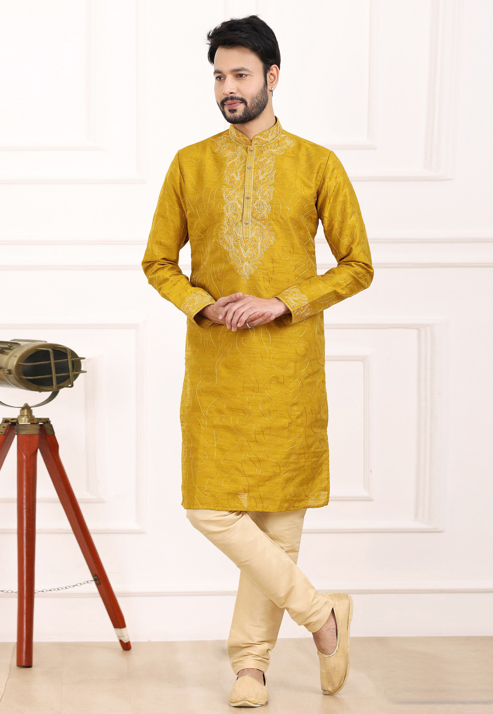 Mustard Art Silk Kurta Pajama 275742