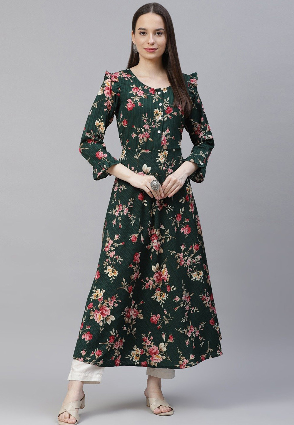 Green Polyester Floral Print Tunic 232940