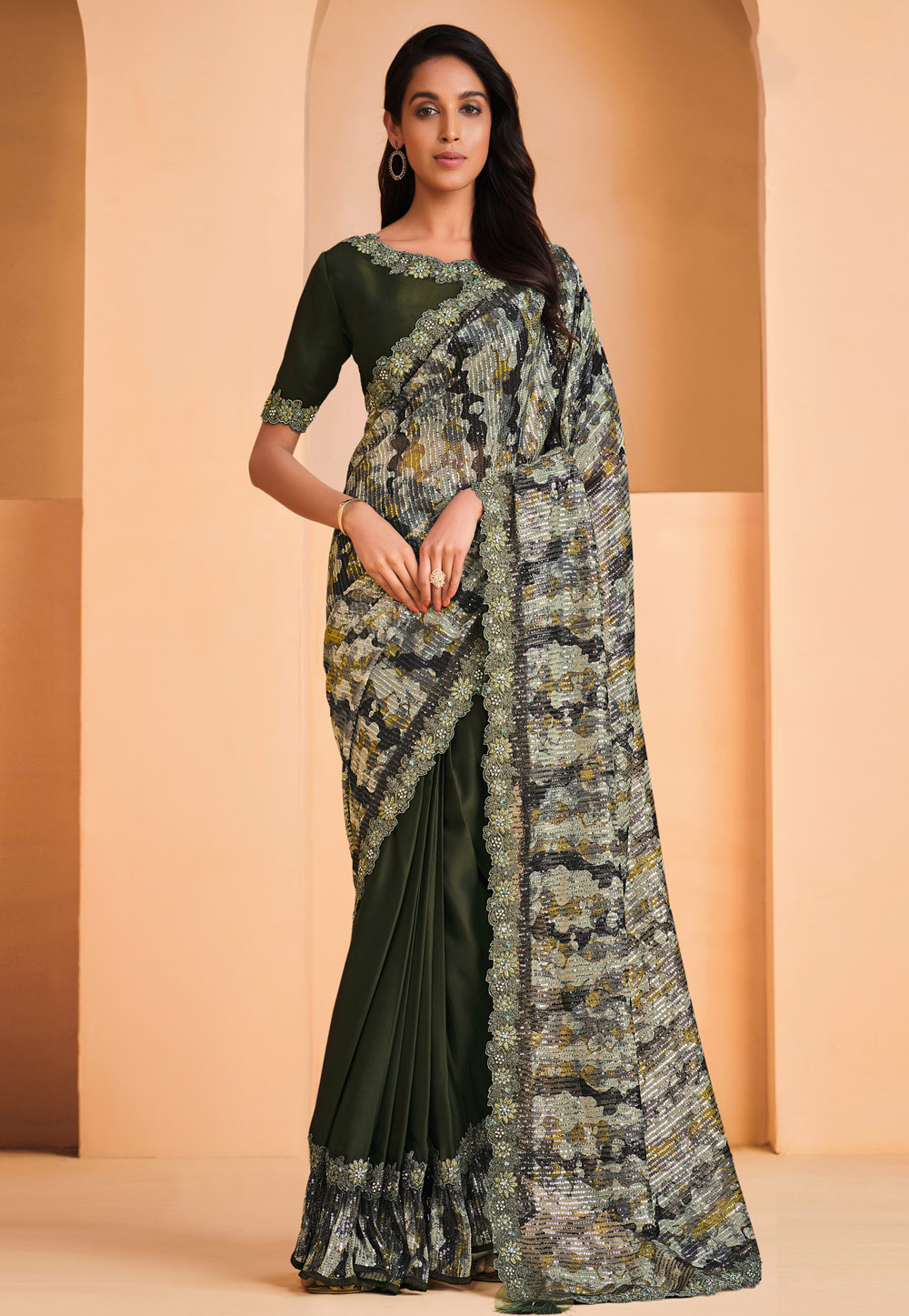 Camo Green Satin Crepe Saree With Blouse 262142