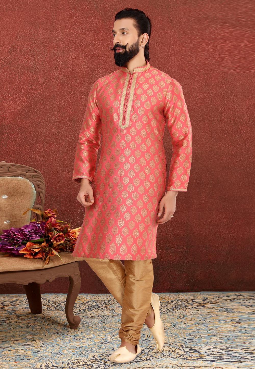 Pink Jacquard Silk Kurta Pajama 240434