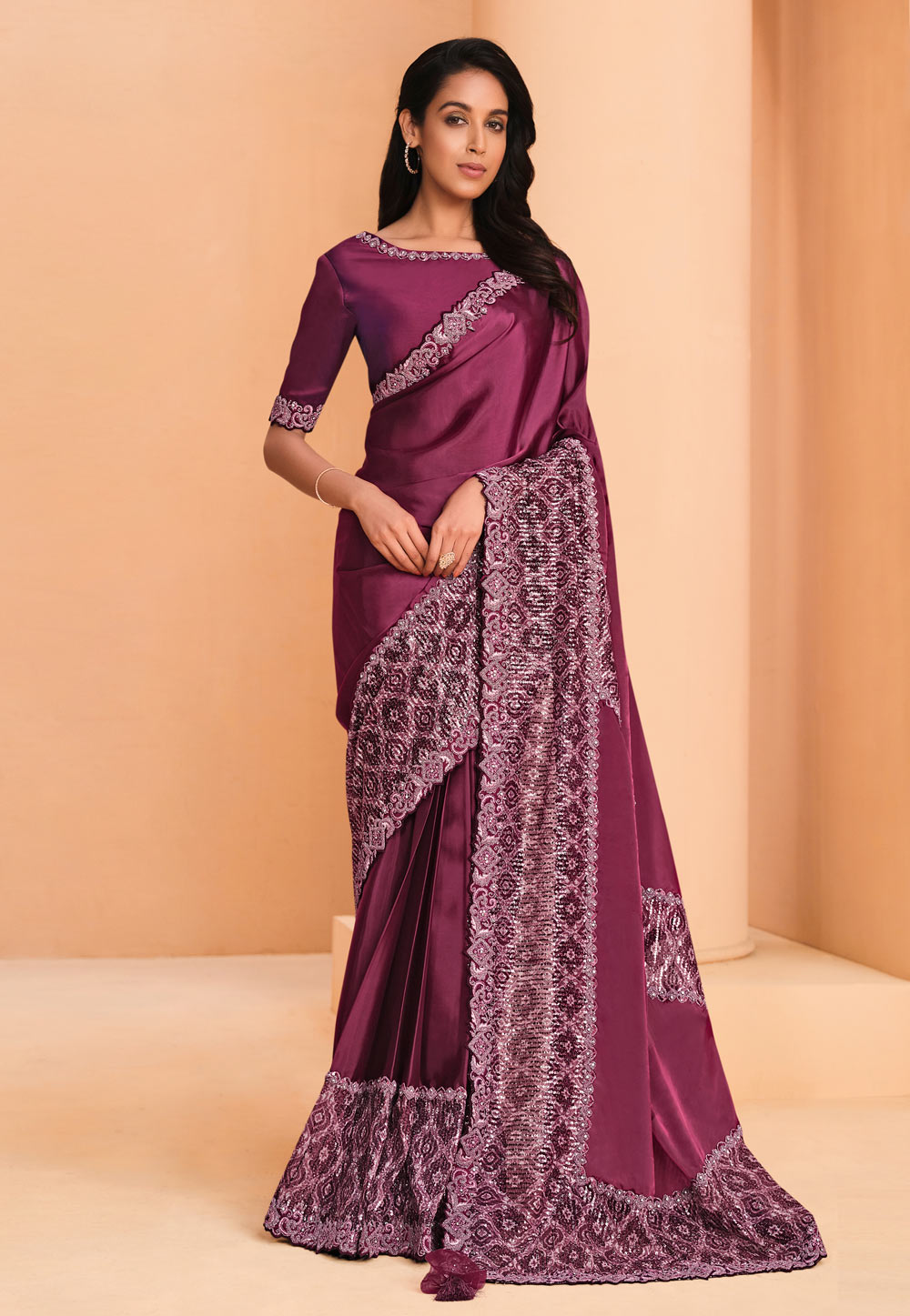 Wine Satin Crepe Saree With Blouse 262148