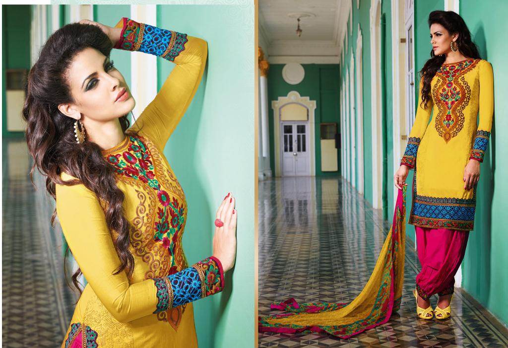 Yellow and Pink Cotton Embroidered Punjabi Salwar Kameez 25972