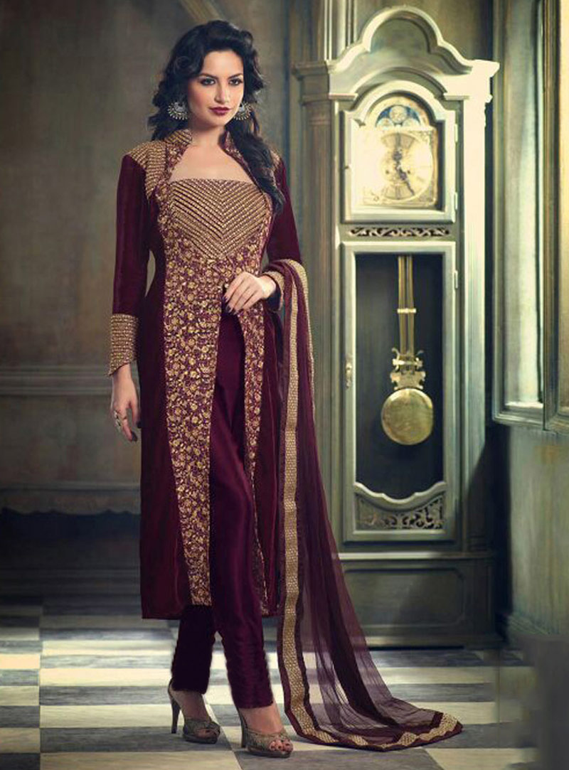 Maroon Velvet Pakistani Style Suit 62974