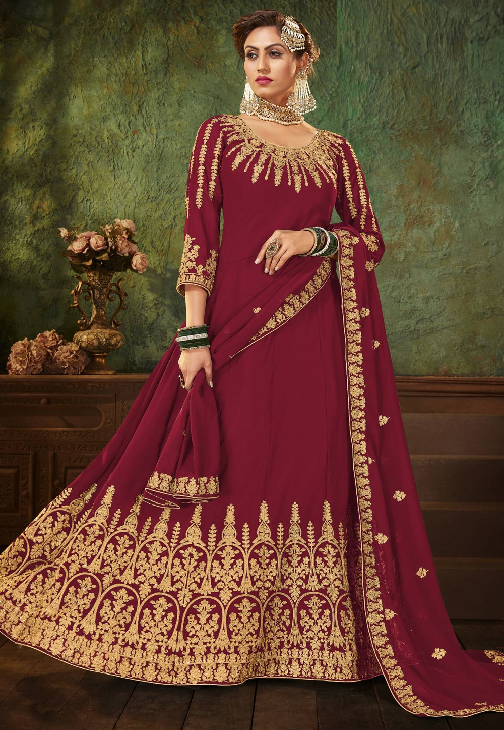 Maroon Georgette Floor Length Anarkali Suit 223566