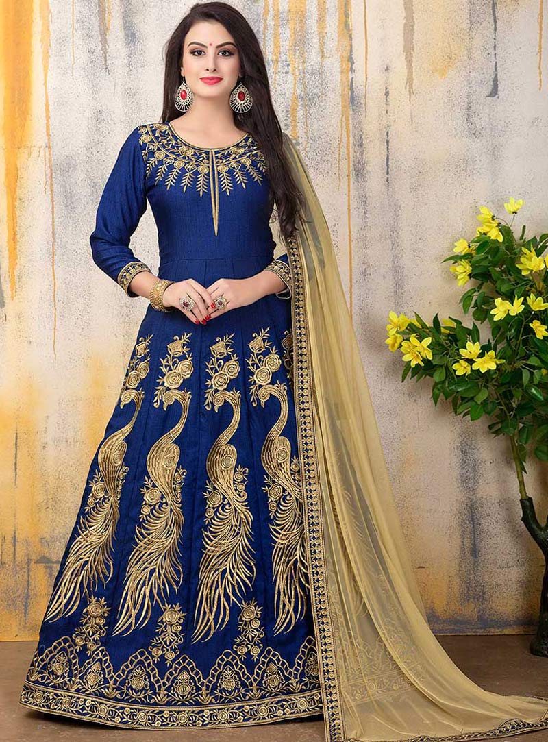 Blue Banglori Silk Embroidery Work Long Anarkali Suit 89066