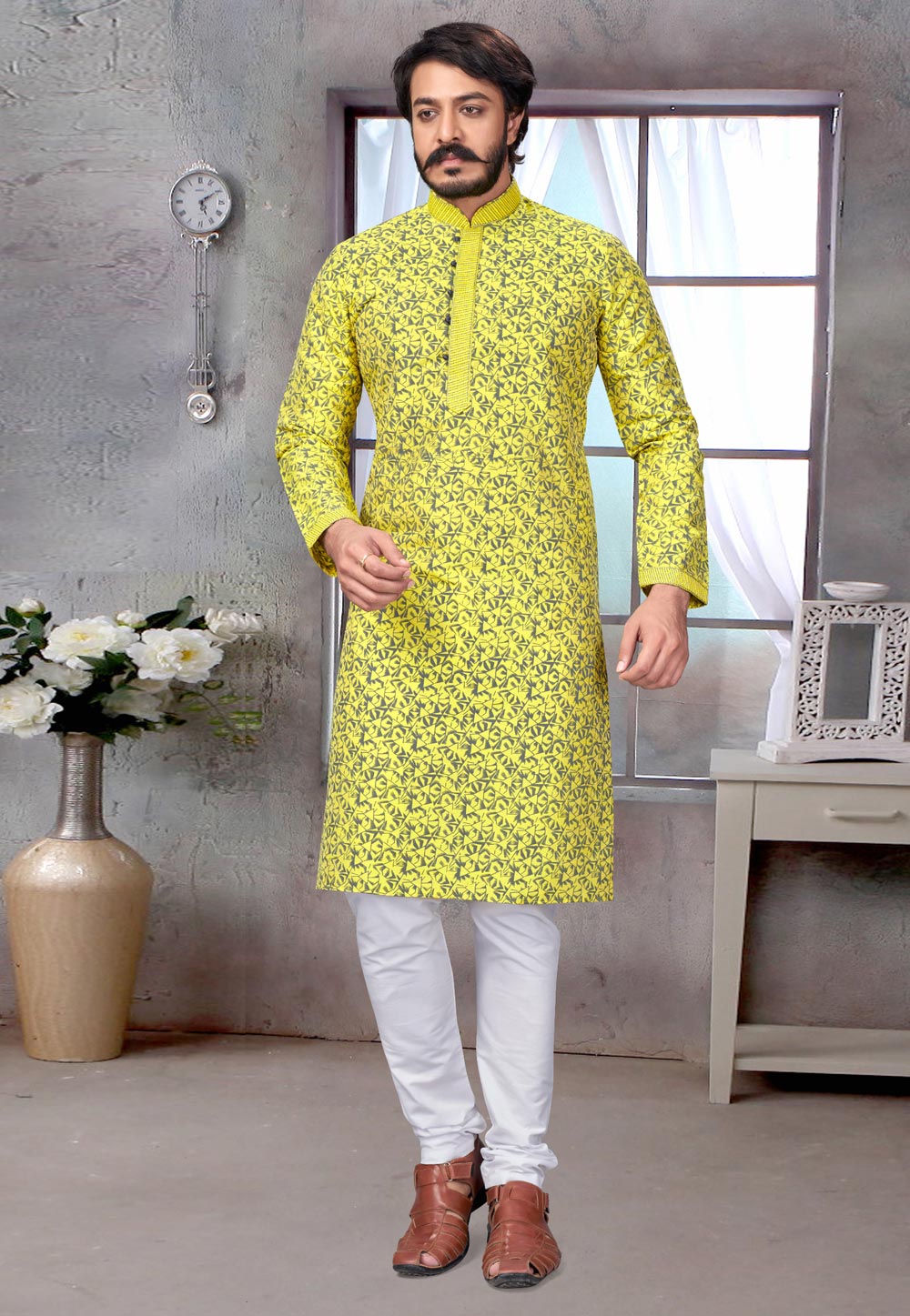Yellow Jacquard Silk Kurta Pajama 227936