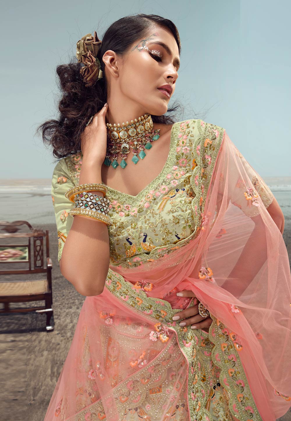 Gorgeous Pink Pista Color Silk Designer Heavy Bridal Wear Lehenga Choli  -1646131749