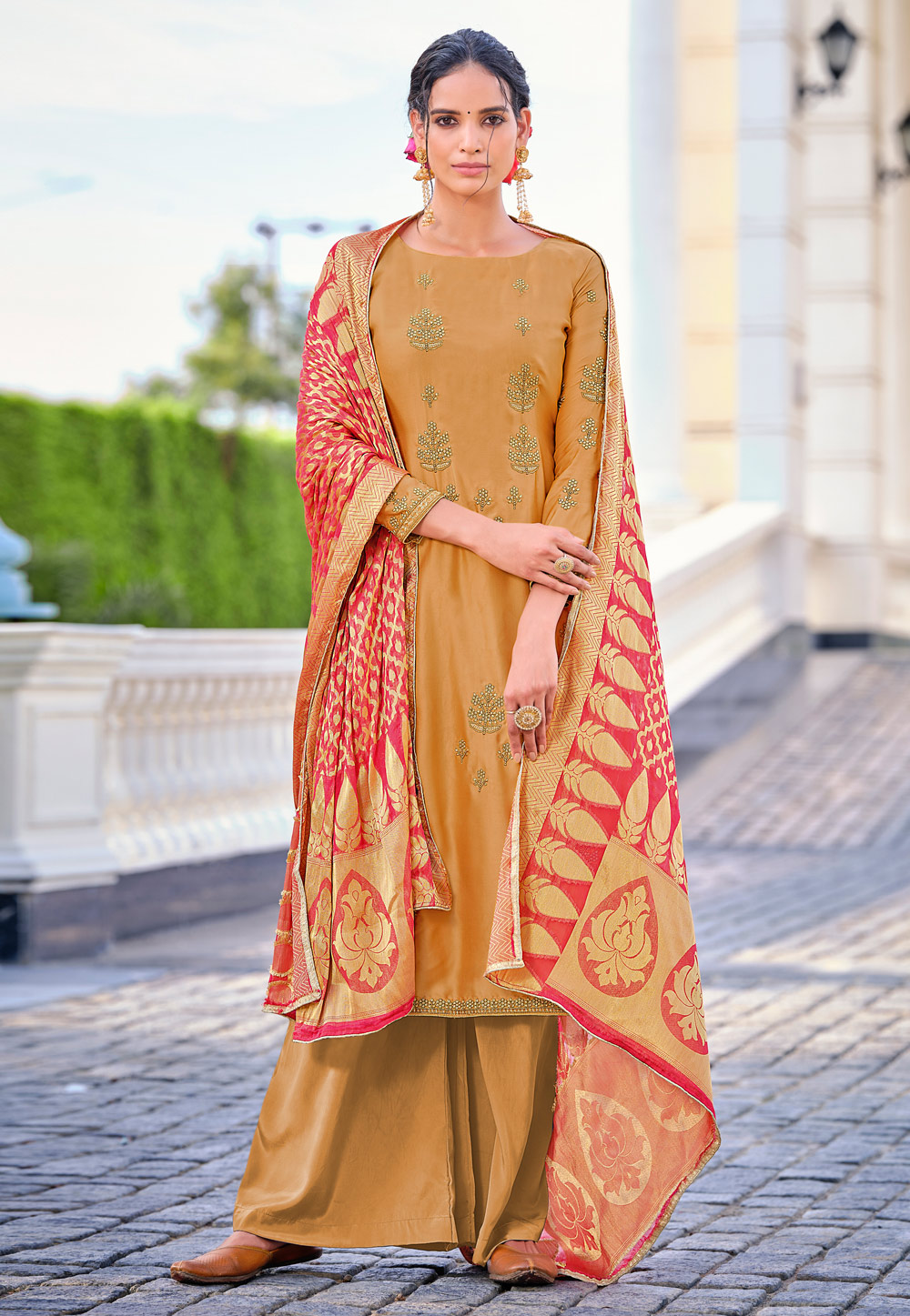 Mustard Georgette Palazzo Suit 240506
