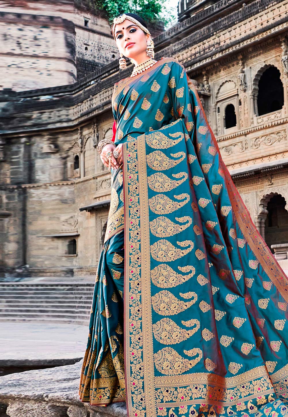 Teal Blue Banarasi Silk Festival Wear Saree 172094