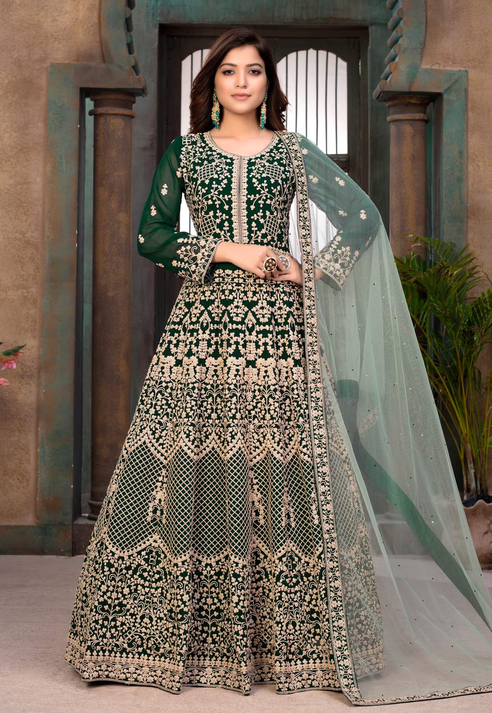 Green Faux Georgette Embroidered Long Anarkali Suit 226225