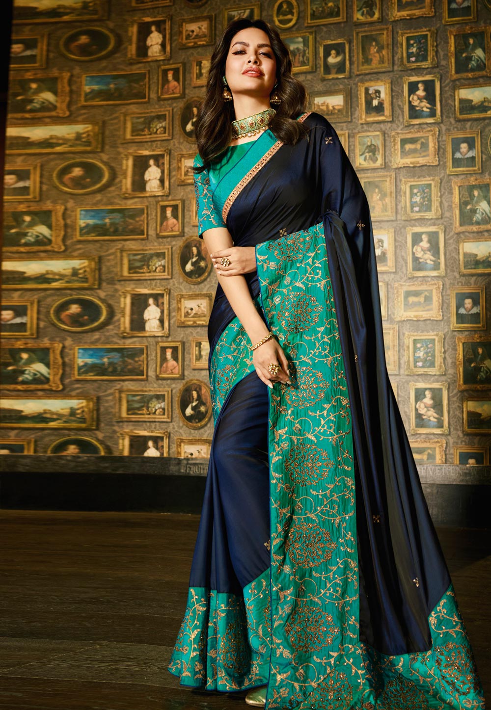 Esha Gupta Navy Blue Art Silk Saree With Blouse 193041