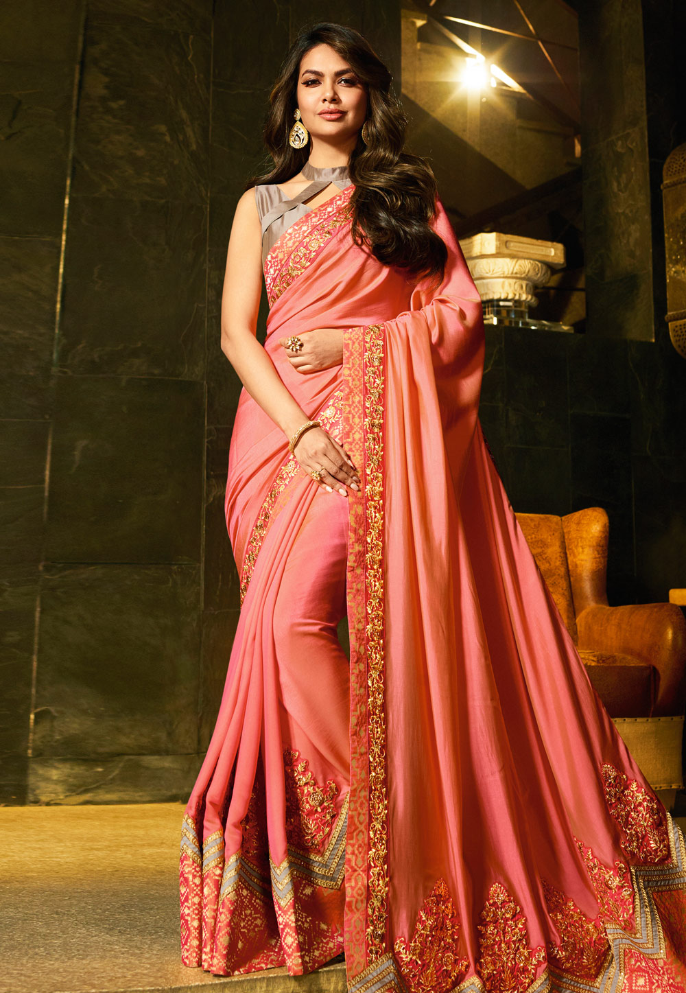 Esha Gupta Pink Art Silk Bollywood Saree 193043
