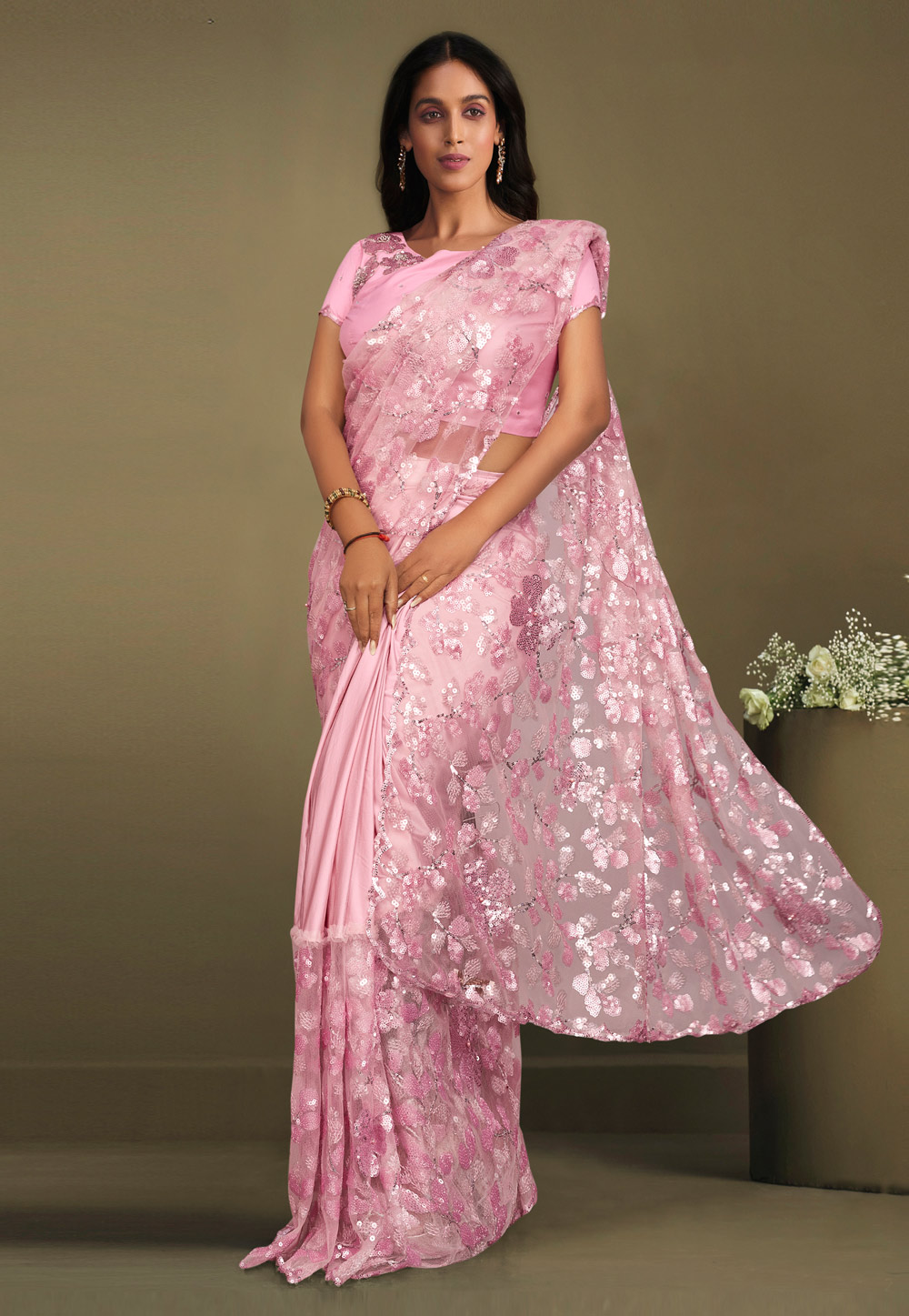 Pink Crepe Saree With Blouse 263470