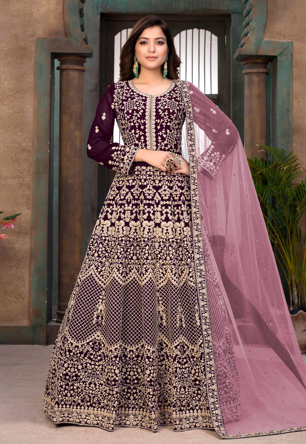 Purple Faux Georgette Embroidered Abaya Style Anarkali Suit 226226