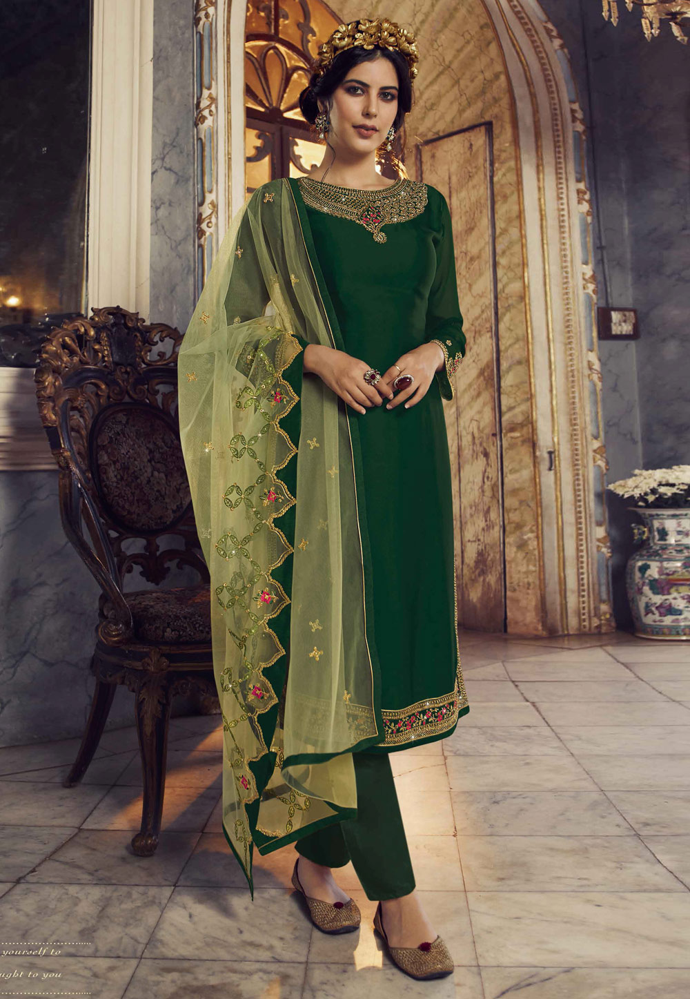 Green Georgette Pant Style Suit 243572