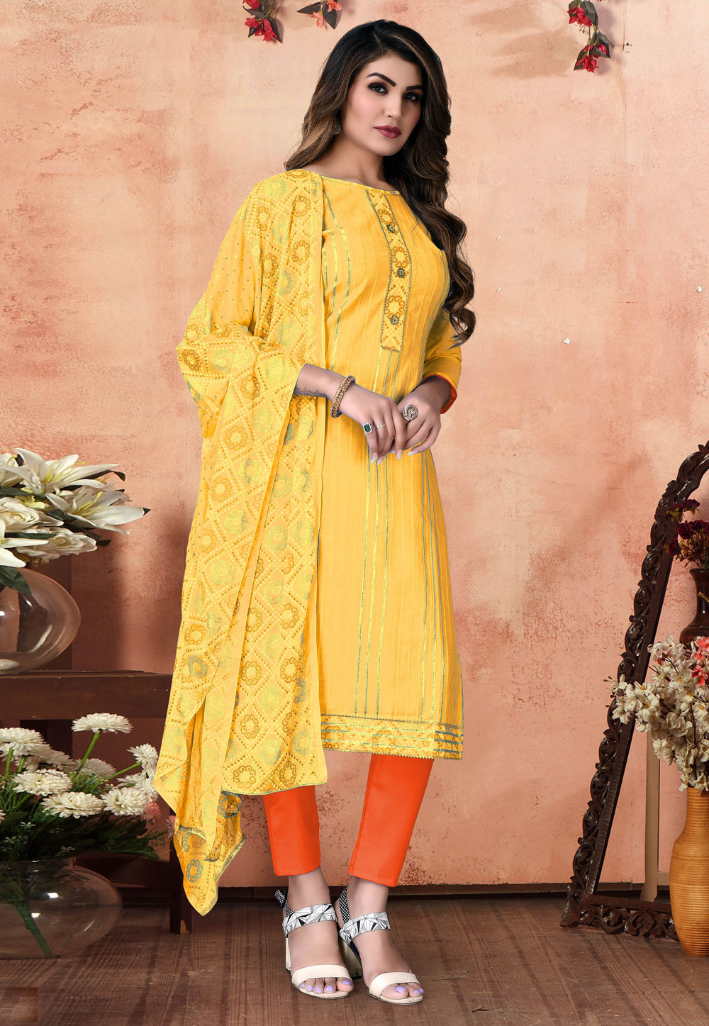 Yellow Cotton Pant Style Suit 246870