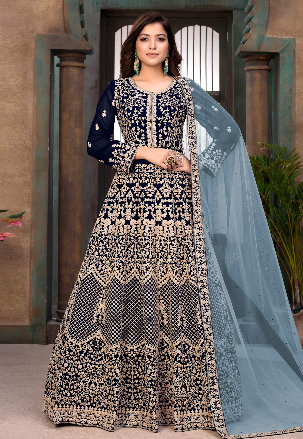 Navy Blue Faux Georgette Embroidered Long Anarkali Suit 226227
