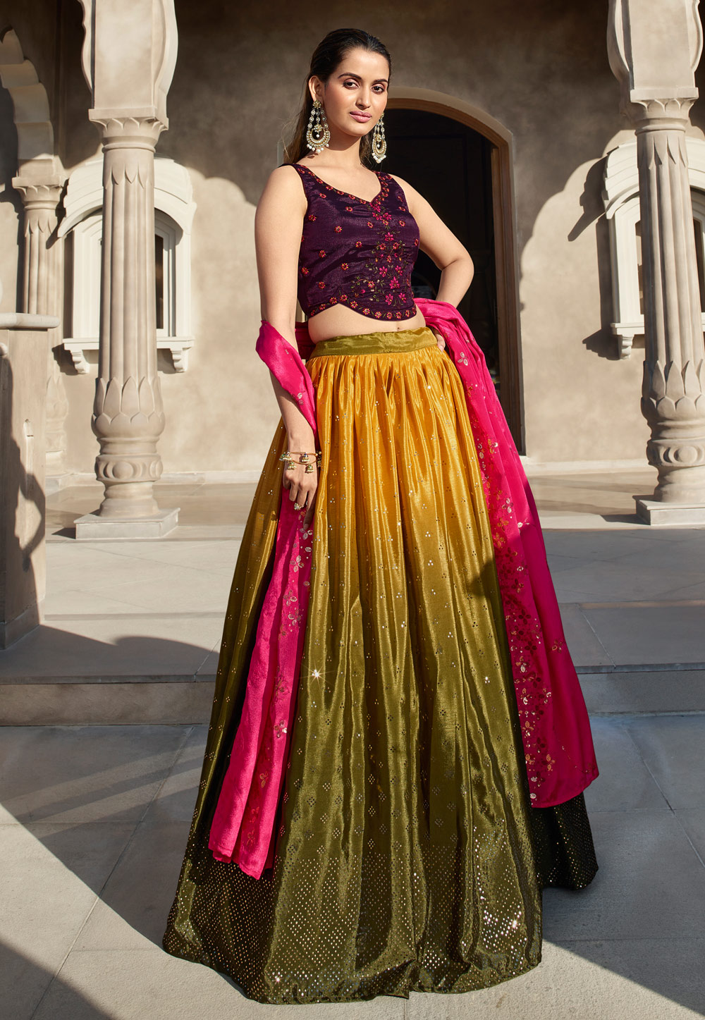 Yellow Designer Embroidered Lehenga Choli In Georgette For B