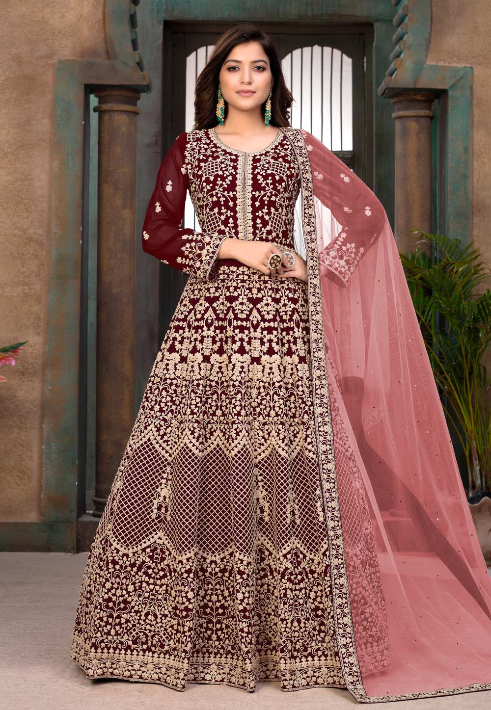 Wine Faux Georgette Embroidered Abaya Style Anarkali Suit 226228